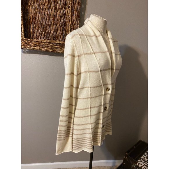 Banana Republic Cardigan Sweater Cream Brown M Medium Stripe Wool Cashmere Touch - Picture 4 of 8